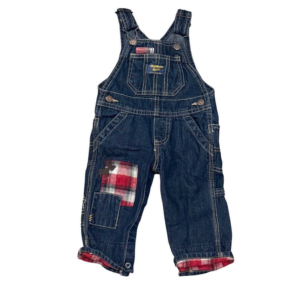 OshKosh Bgosh Baby Denim Overalls Plaid Flannel Lined Reindeer Patch 6 Months